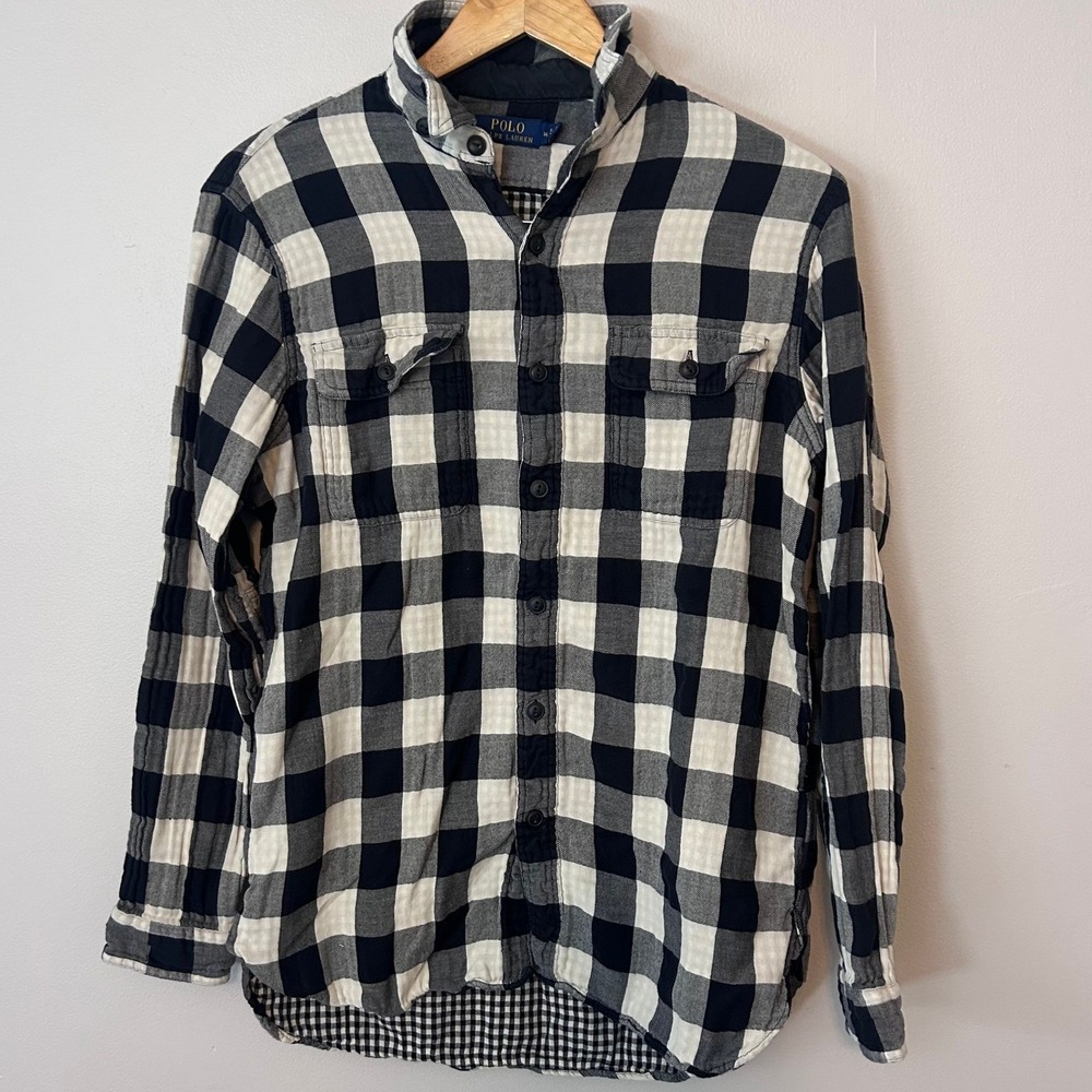 Polo Ralph Lauren Men's Medium Black White Buffalo Plaid Flannel Button Up Shirt